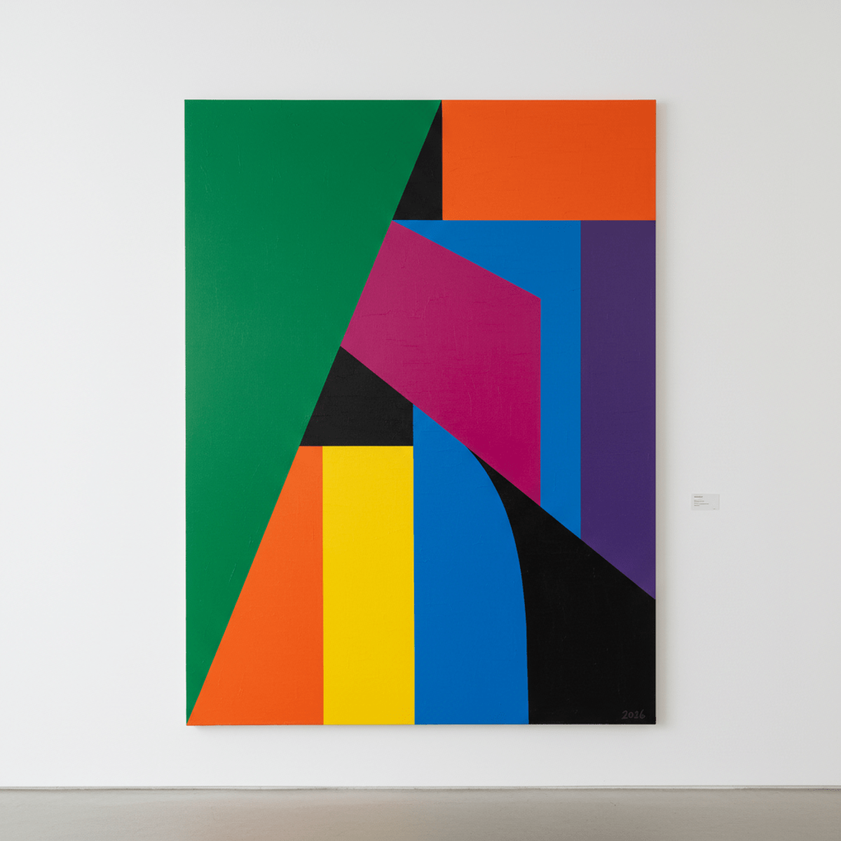 Large abstract painting with saturated colors and sharp geometric divisions on a gallery wall.