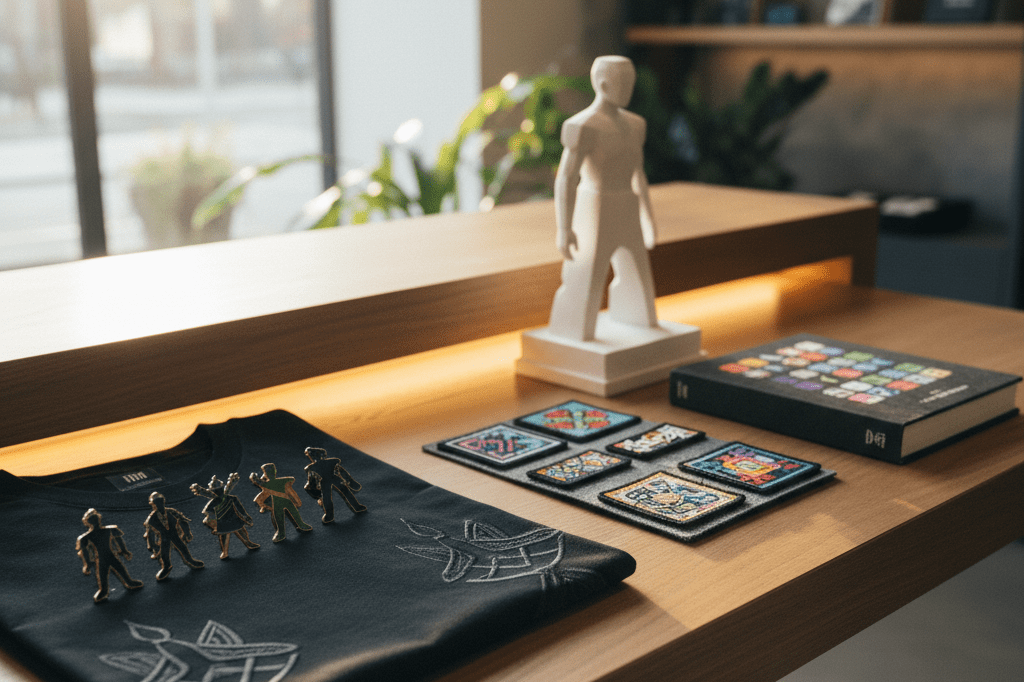 Medium shot of five abstract, non-branded gaming merchandise items on a sunlit retail table with soft ambient lighting