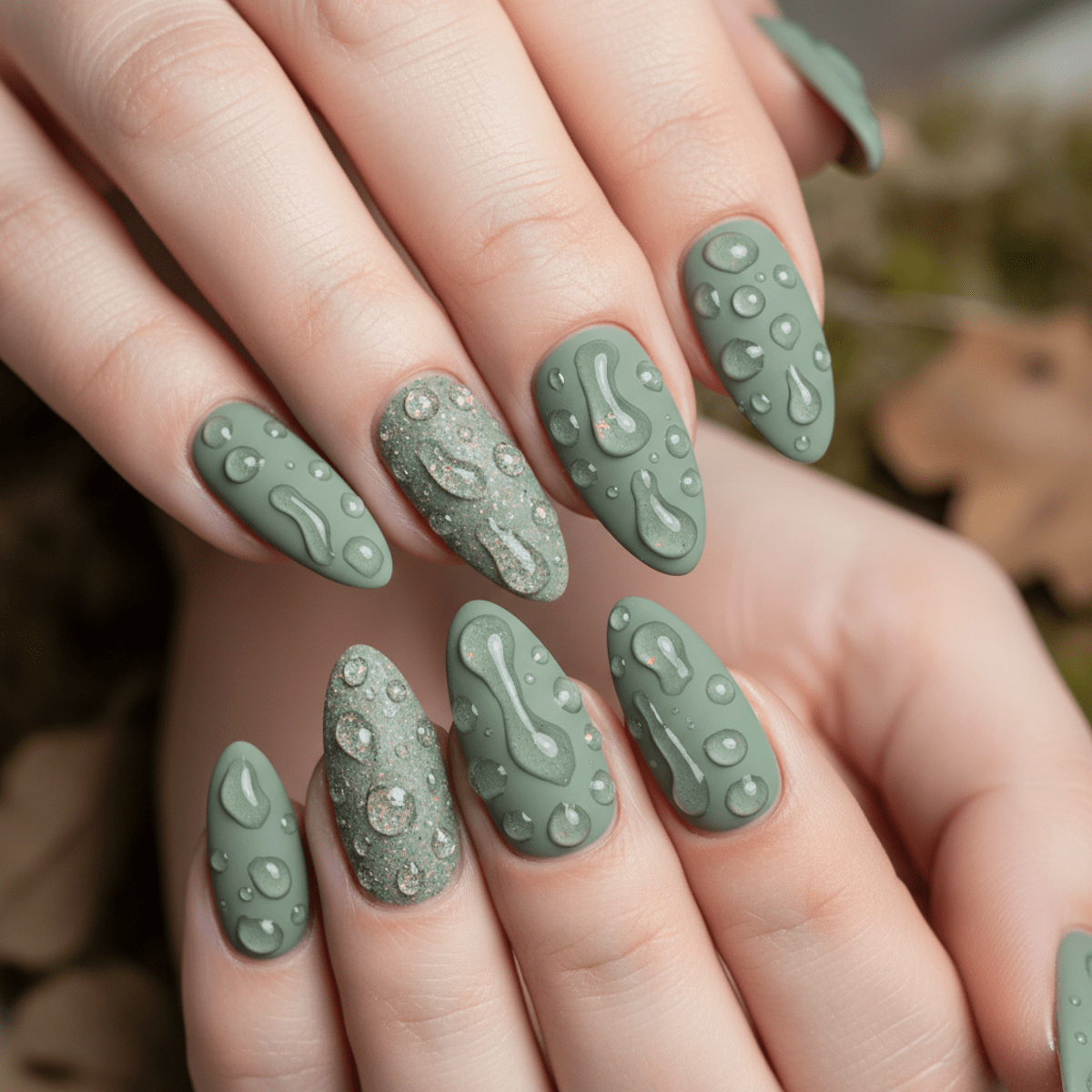 3D sculptural water droplets on matte sage green nails with a glossy, wet illusion.
