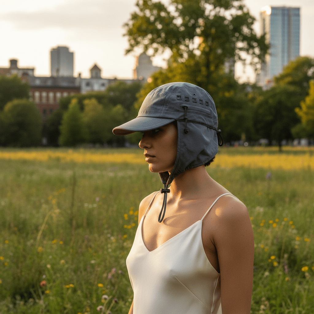 Women's slate grey utility cap with loops and zip pocket in an urban park.
