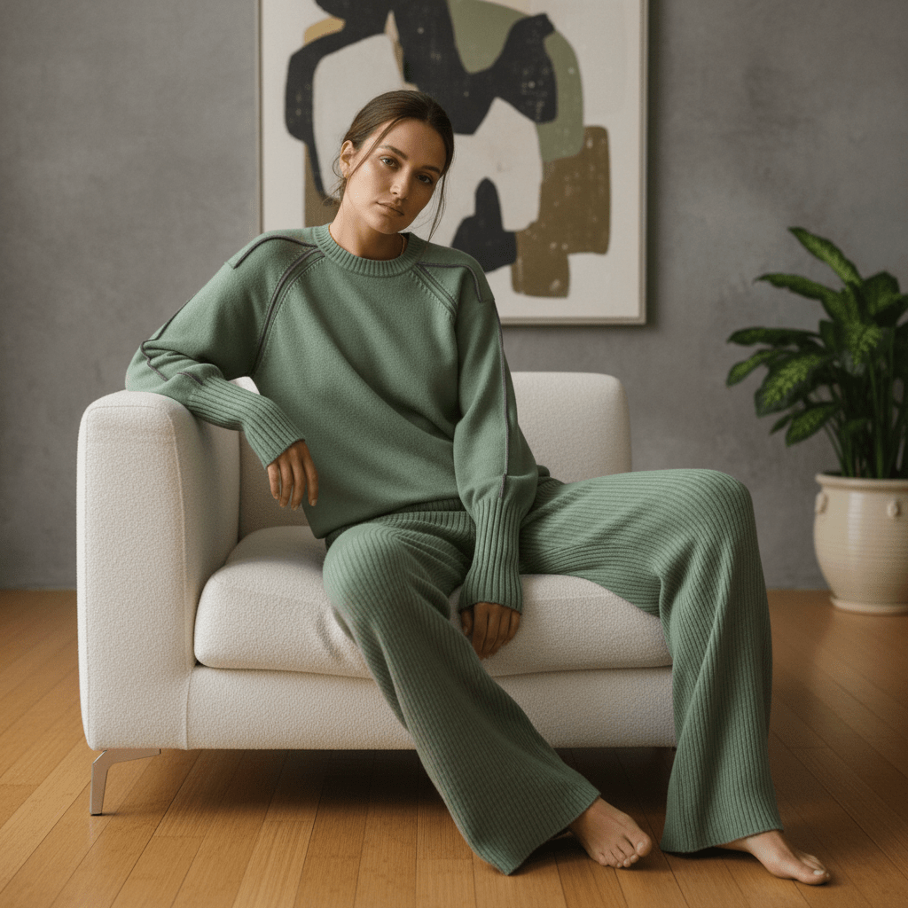 Model in sage green cashmere loungewear sits on a minimalist sofa.