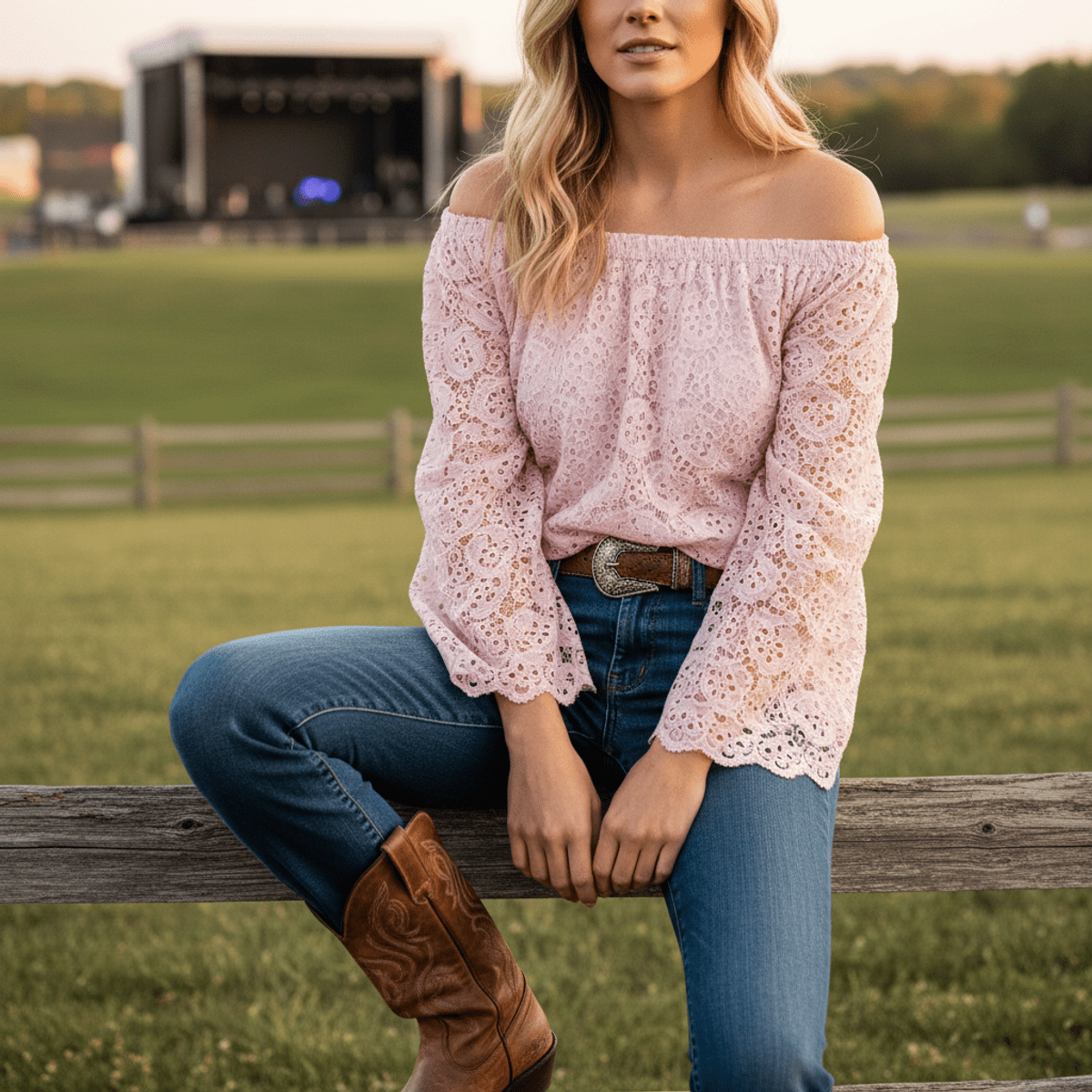 Fashion portrait: lace blouse, denim, cowboy boots, country vibe. Woman in lace blouse and cowboy boots on fence, country concert style.