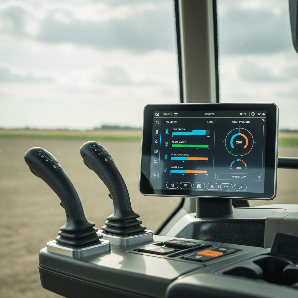 Modern tractor cab with advanced hydraulic smart control system and touchscreen interface.