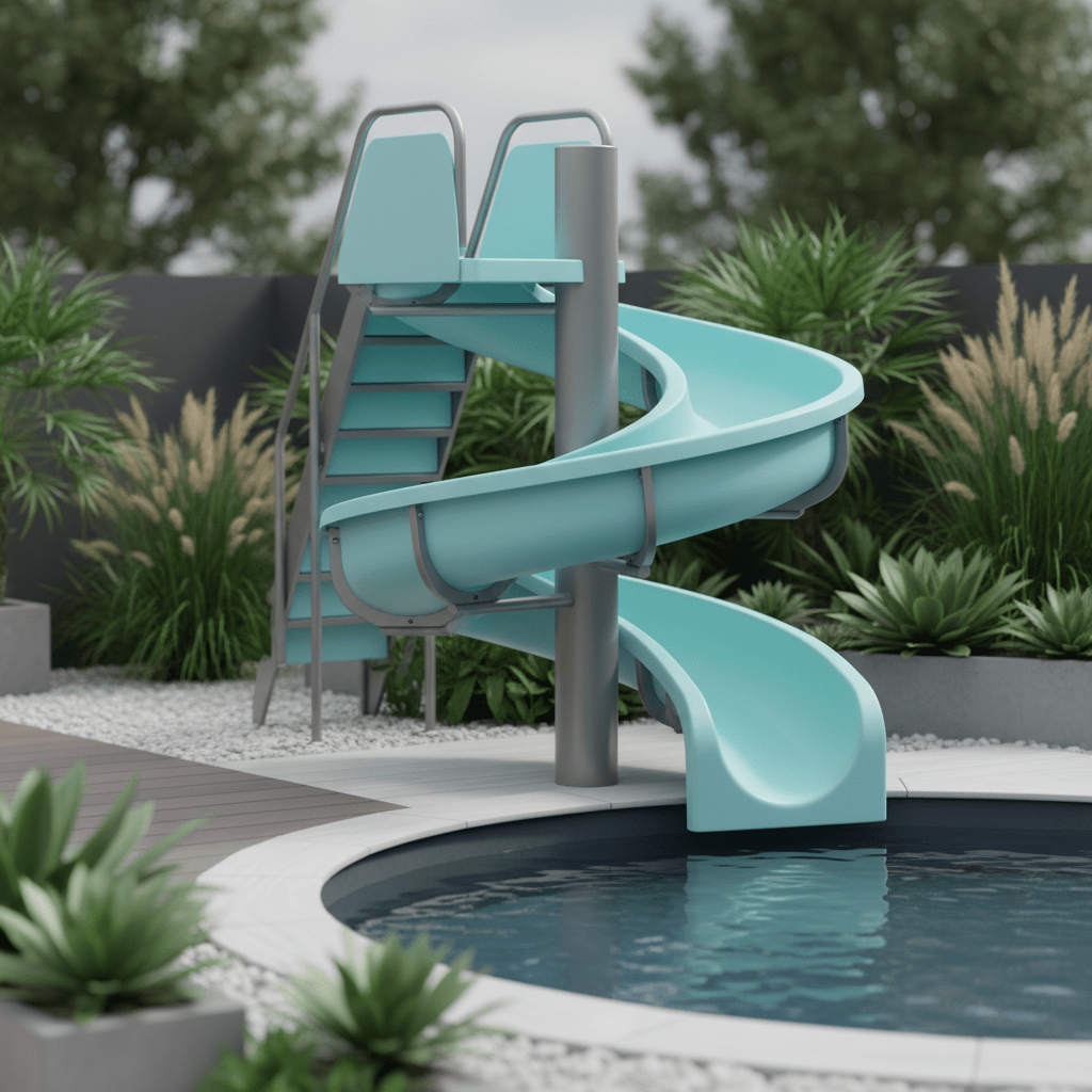 Compact spiral slide elegantly curved upward, integrated into a small backyard landscape.