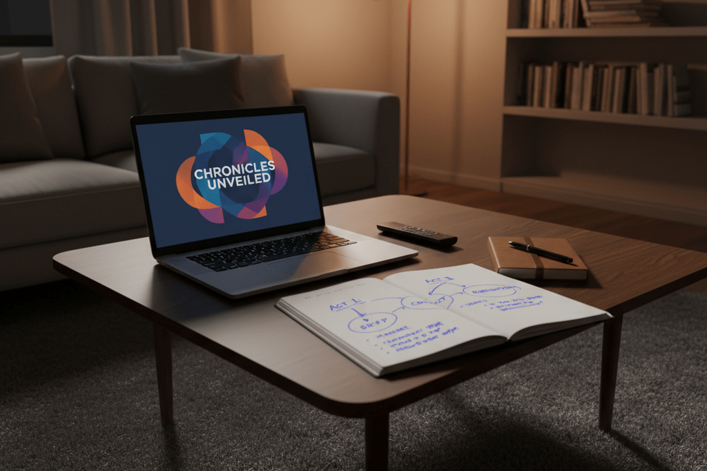 Coffee table with laptop, remote, and notebook under warm ambient light, representing narrative-driven brand strategies