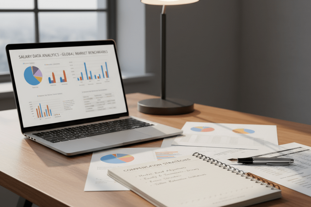 Office workspace with laptop showing salary data, notebooks, and papers under natural light, emphasizing compensation transparency and talent retention