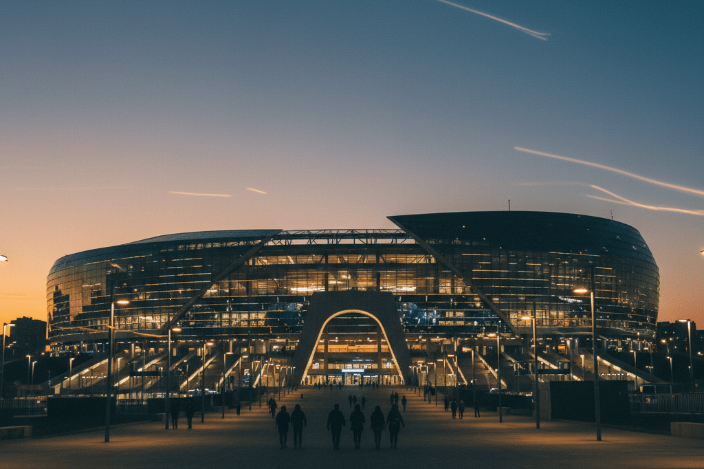 Wide-angle view of a large stadium lit up at dusk with people approaching, highlighting its architectural grandeur