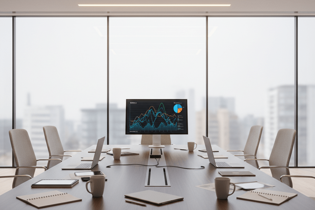 Wide shot of a stylish meeting room featuring data visualization on screens, symbolizing strategic analysis and partnership