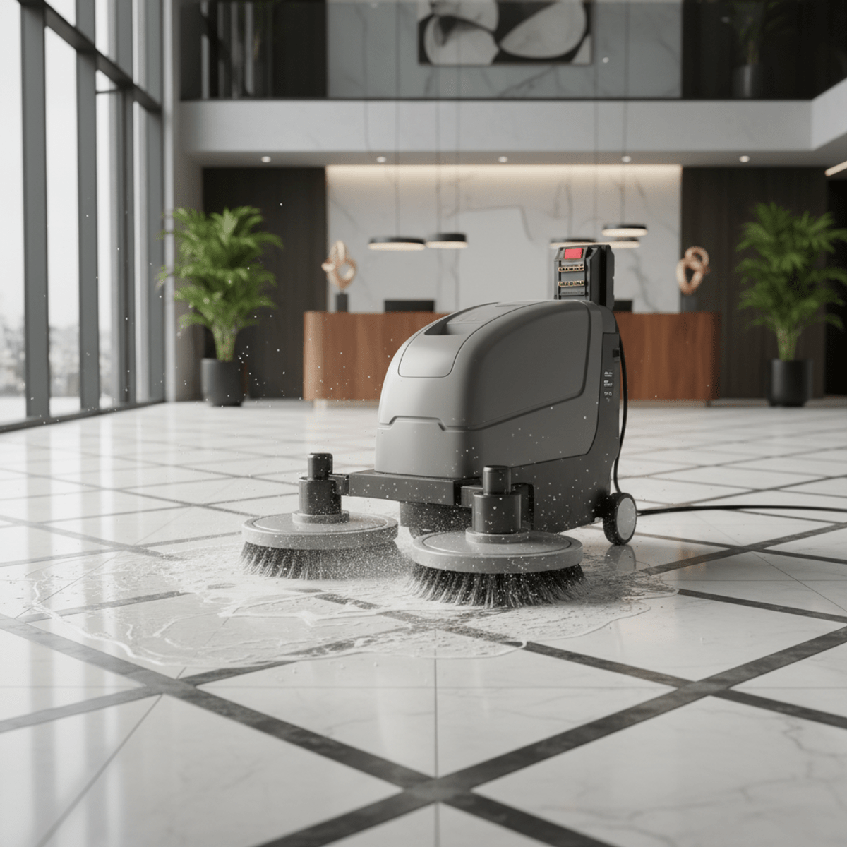 Professional tile cleaner in a modern office Cordless tile cleaner scrubbing glossy ceramic tiles in a modern office lobby.