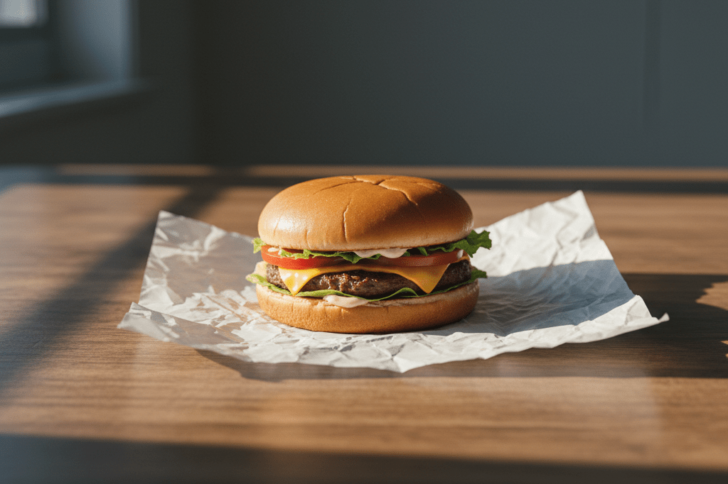 Single untouched burger on wood table under natural light representing failed marketing authenticity