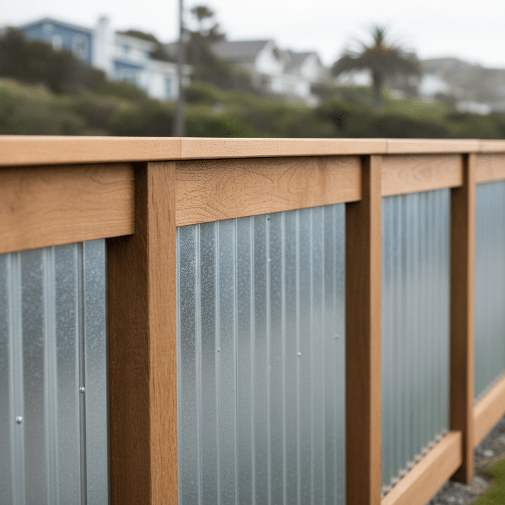 Modern farmhouse fence with gray corrugated metal and cedar wood frames.
