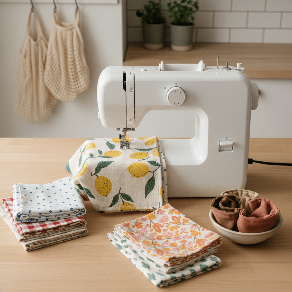 Compact sewing machine on a wooden table with organic cotton fabrics and reusable towels.