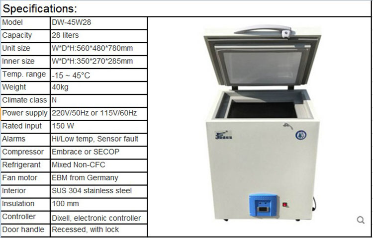 Ultra low temperature minus 45 degree refrigerator 28L horizontal commercial ultra-low temperature refrigerator dry ice refriger