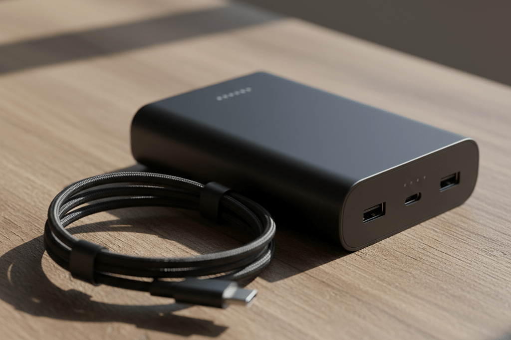 Sleek power bank and USB-C cable on a desk under soft natural light, suggesting solutions for extended battery life