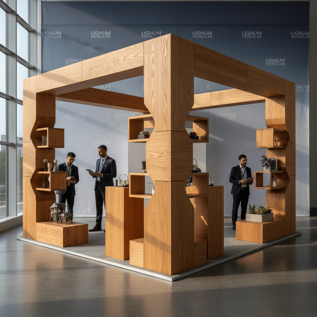 Modern modular retail booth crafted from interlocking engineered wood panels.