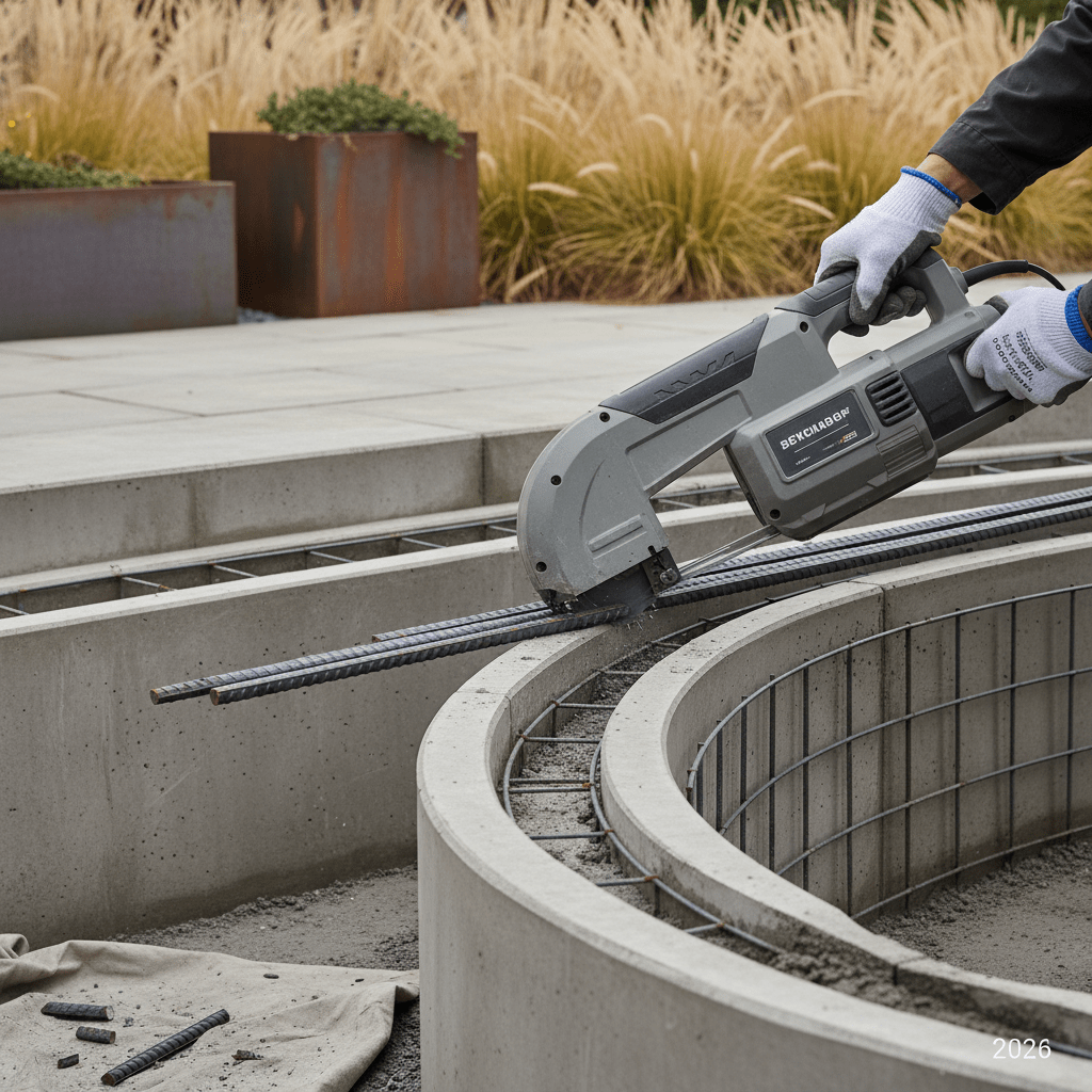 Battery-powered band saw precisely cuts steel rebar near garden retaining wall forms.