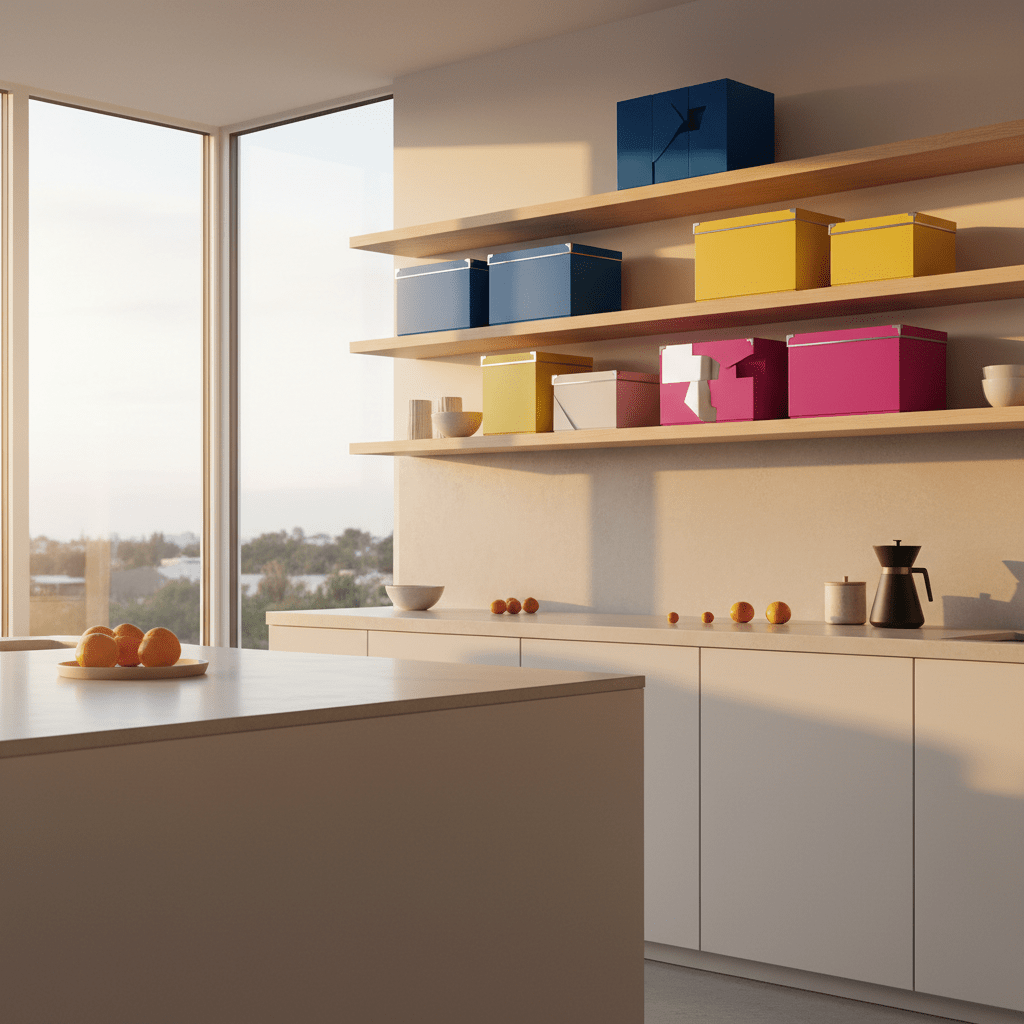 Vibrant storage boxes accent modern kitchen open shelving with high-gloss surfaces.