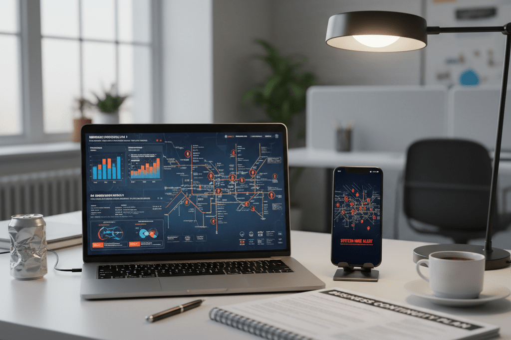 Modern office workspace demonstrating business continuity planning during crisis Office desk with emergency protocols and transit alerts under natural light symbolizing business resilience