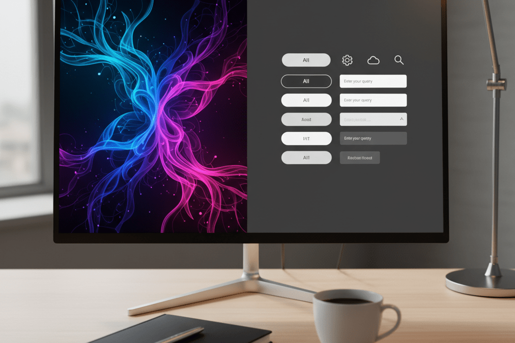 Digital designer's workspace highlighting AI vs. handcrafted UI elements Workspace with dual-monitor setup showing AI graphics and handcrafted UI designs under warm ambient lighting, symbolizing design challenges