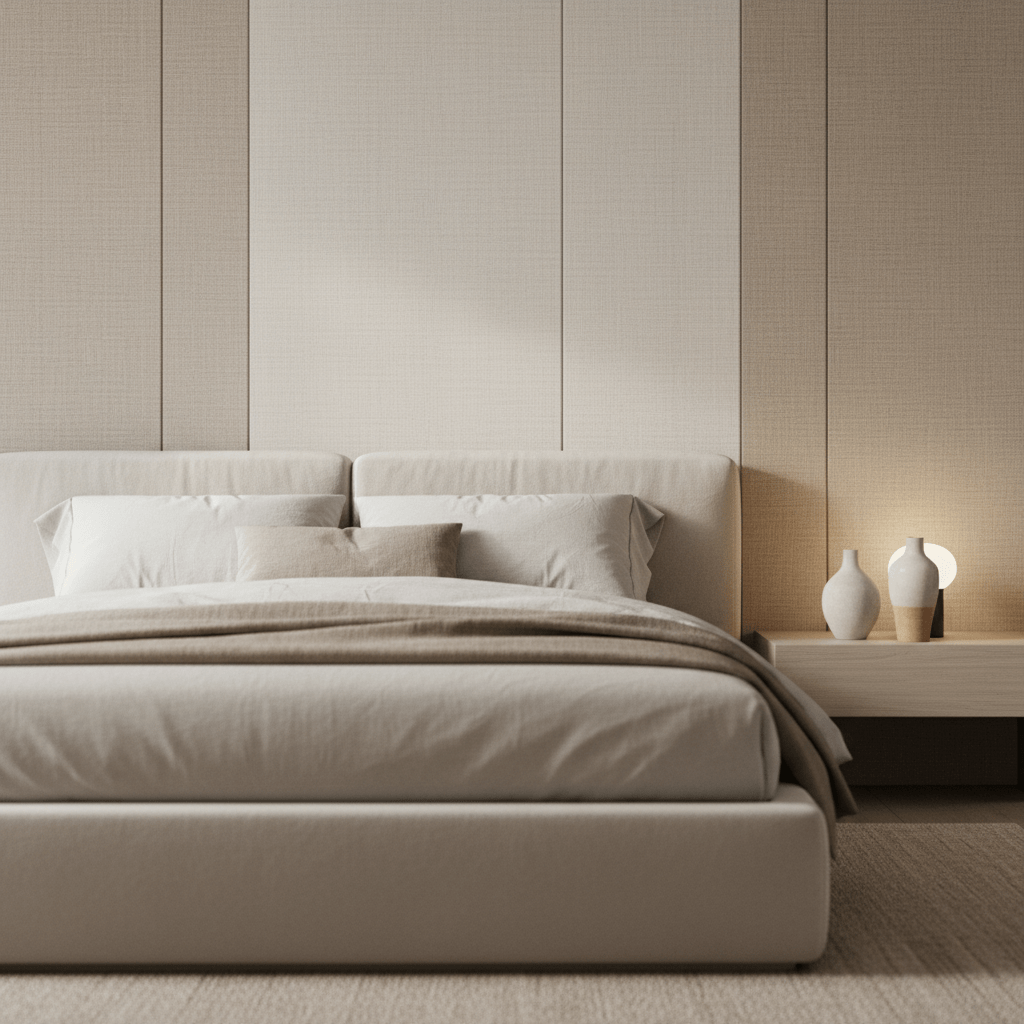 Modern bedroom with faux Belgian linen wall panels Serene bedroom with magnetic faux linen wall panels and minimalist upholstered bed.