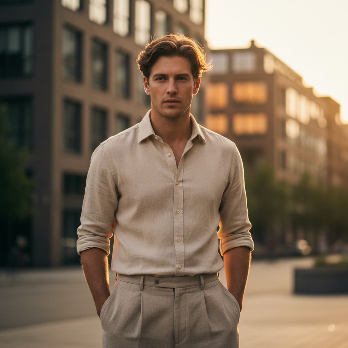 Stylish man with layered haircut in amber sunlight, outdoors during golden hour.