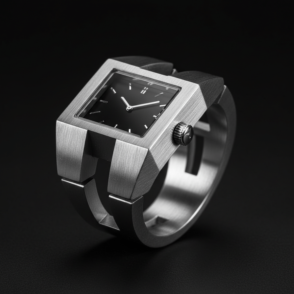 Bold avant-garde ring watch with brushed steel sculptural body and pyramid face.