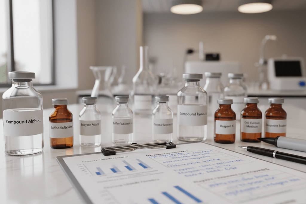 Detailed view of labeled vials and handwritten research notes on glucose metabolism in warm ambient lighting