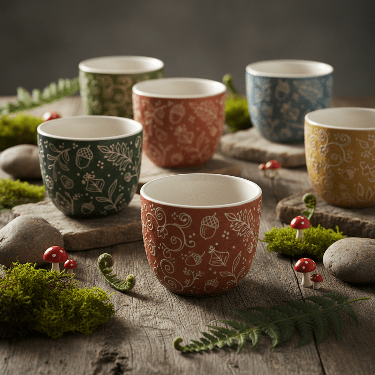 Storybook snack cups on rustic wood with moss, toadstools, and ferns.