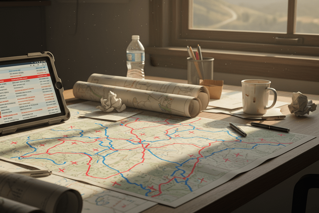 Office desk with flood maps and tablets showing delivery delays under natural light