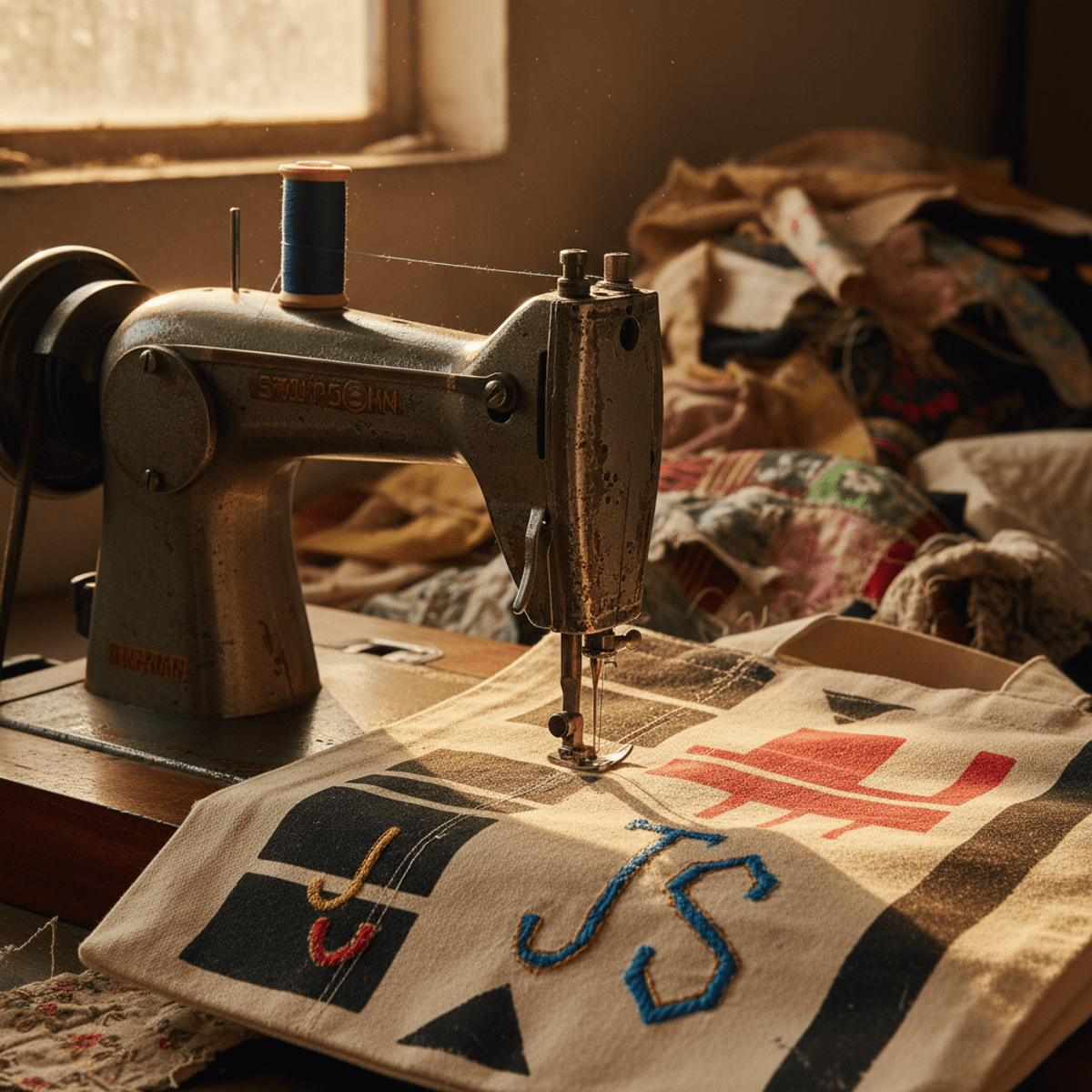 Rustic workshop scene with sewing machine stitching a graphic canvas tote bag.
