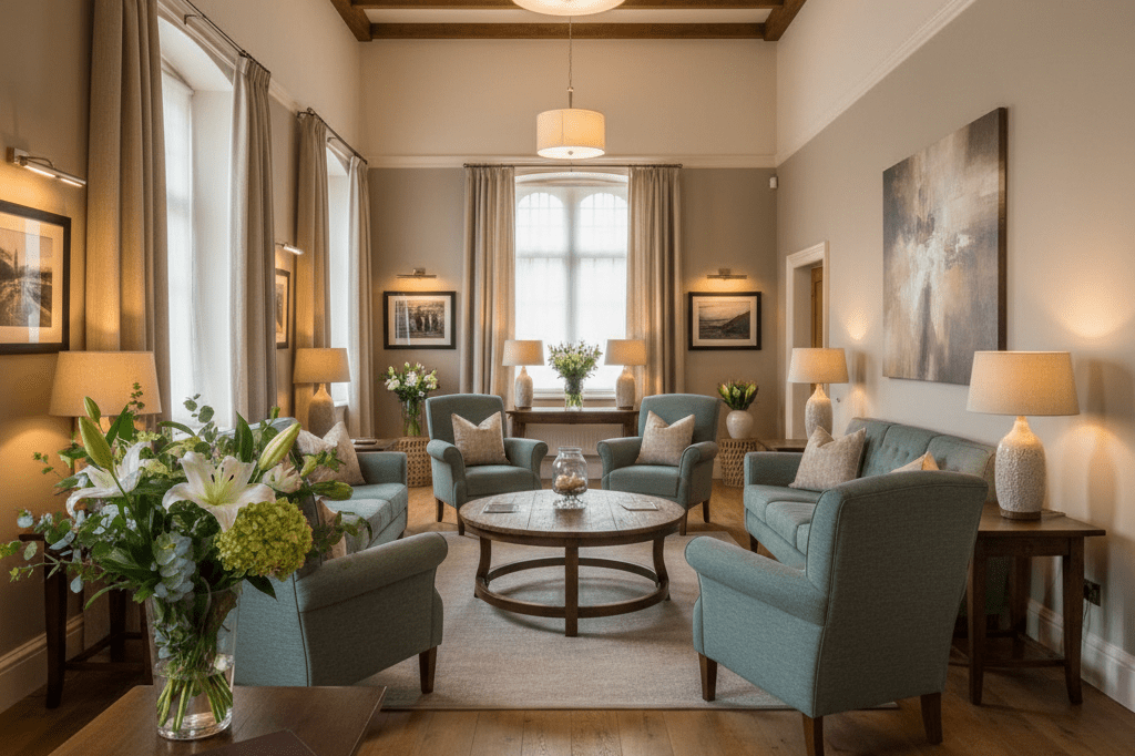 Modern funeral home setting with guestbook, flowers, and warm lighting showcasing intangible trust assets