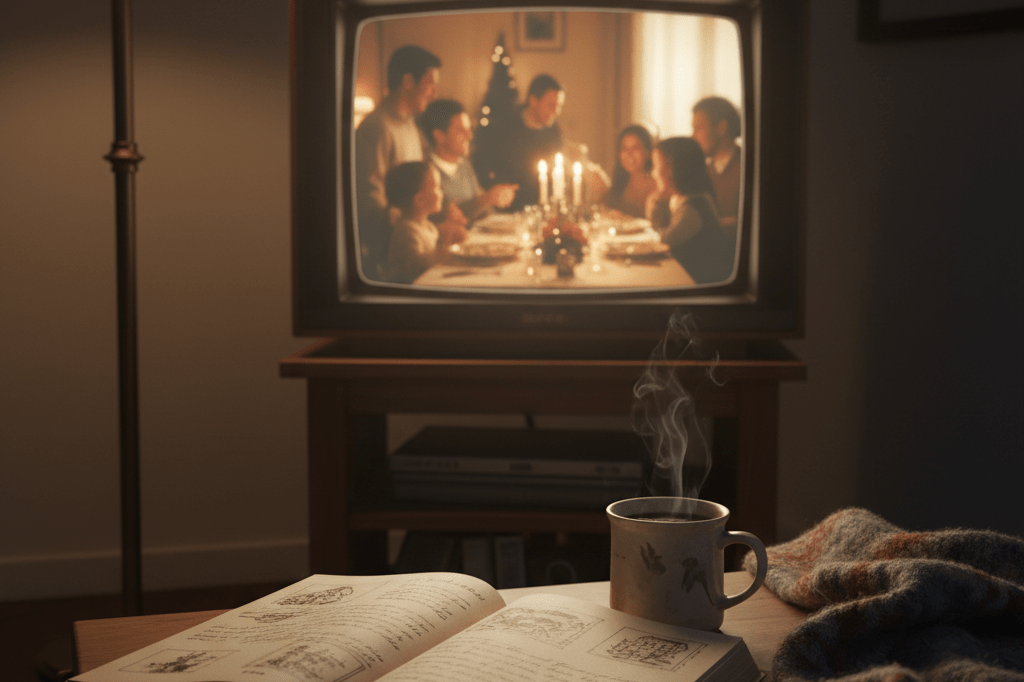 Warm living room with old TV showing family scene, open journal, and tea, symbolizing nostalgic reconnection