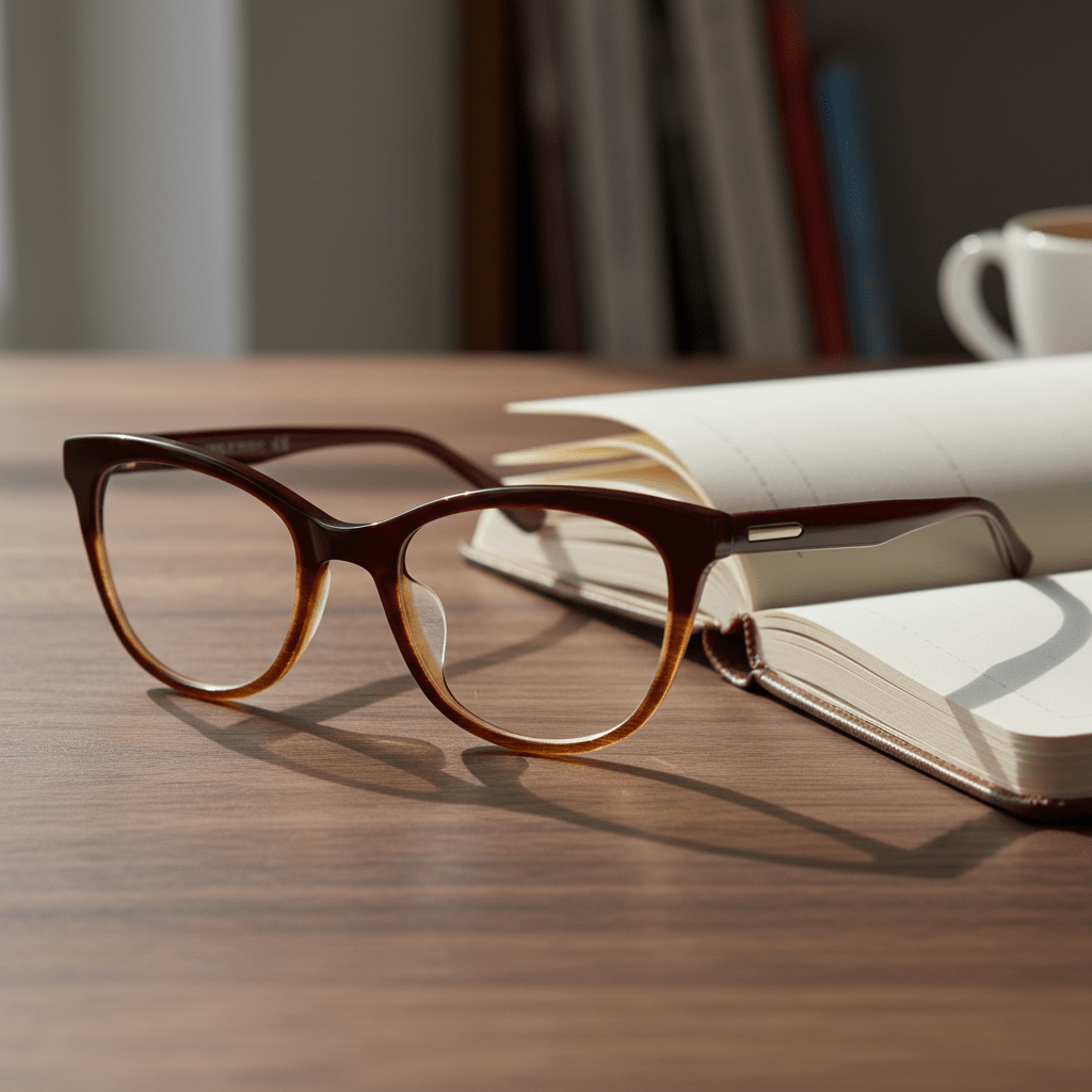 Elegant cat-eye bifocal glasses with burgundy and tortoiseshell frame on walnut surface.