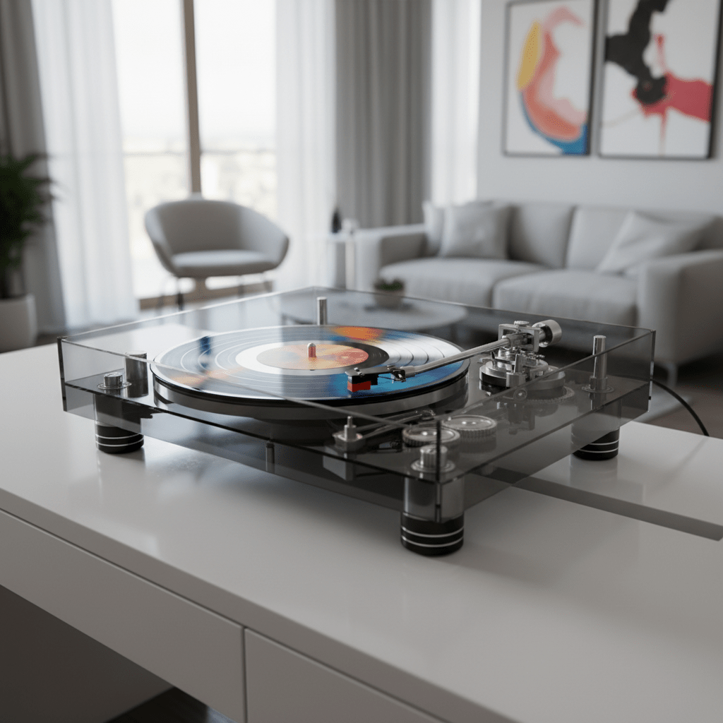 Budget-friendly acrylic record player on a modern desk. Transparent acrylic record player with colorful vinyl on a minimalist desk.