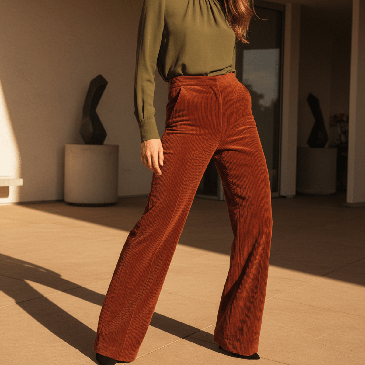 Rust corduroy barrel-leg pants on a modernist terrace with geometric shadows.