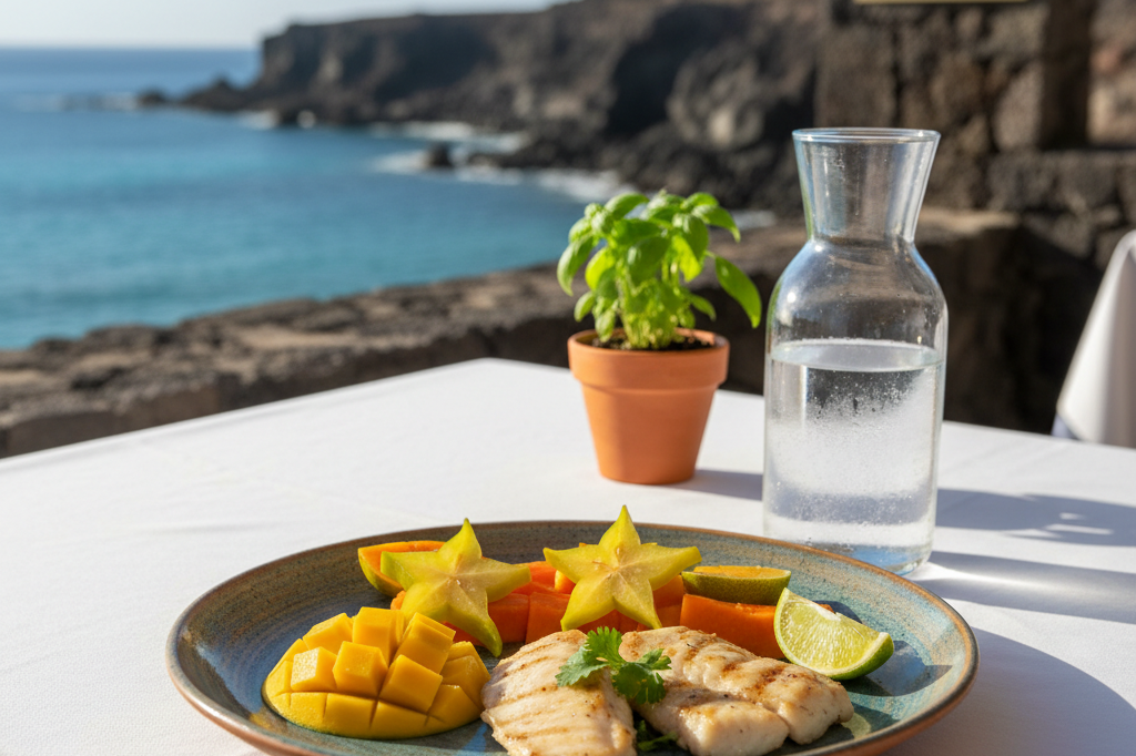 Sunlit restaurant terrace in Cape Verde with fresh local food, filtered water, and plants, reflecting verified health and safety standards