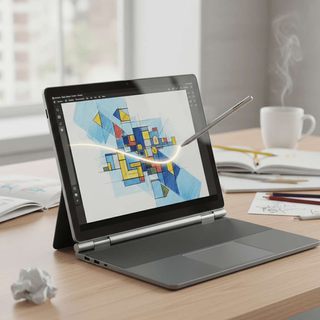 Sleek convertible laptop in tablet mode with stylus drawing on glossy touchscreen.