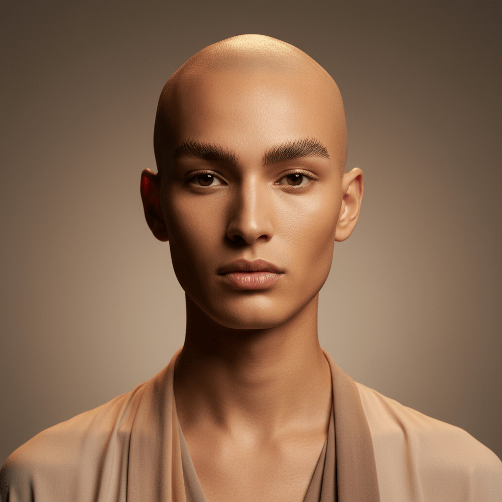 Androgynous model with healthy, straightened eyebrows in a softly lit studio.