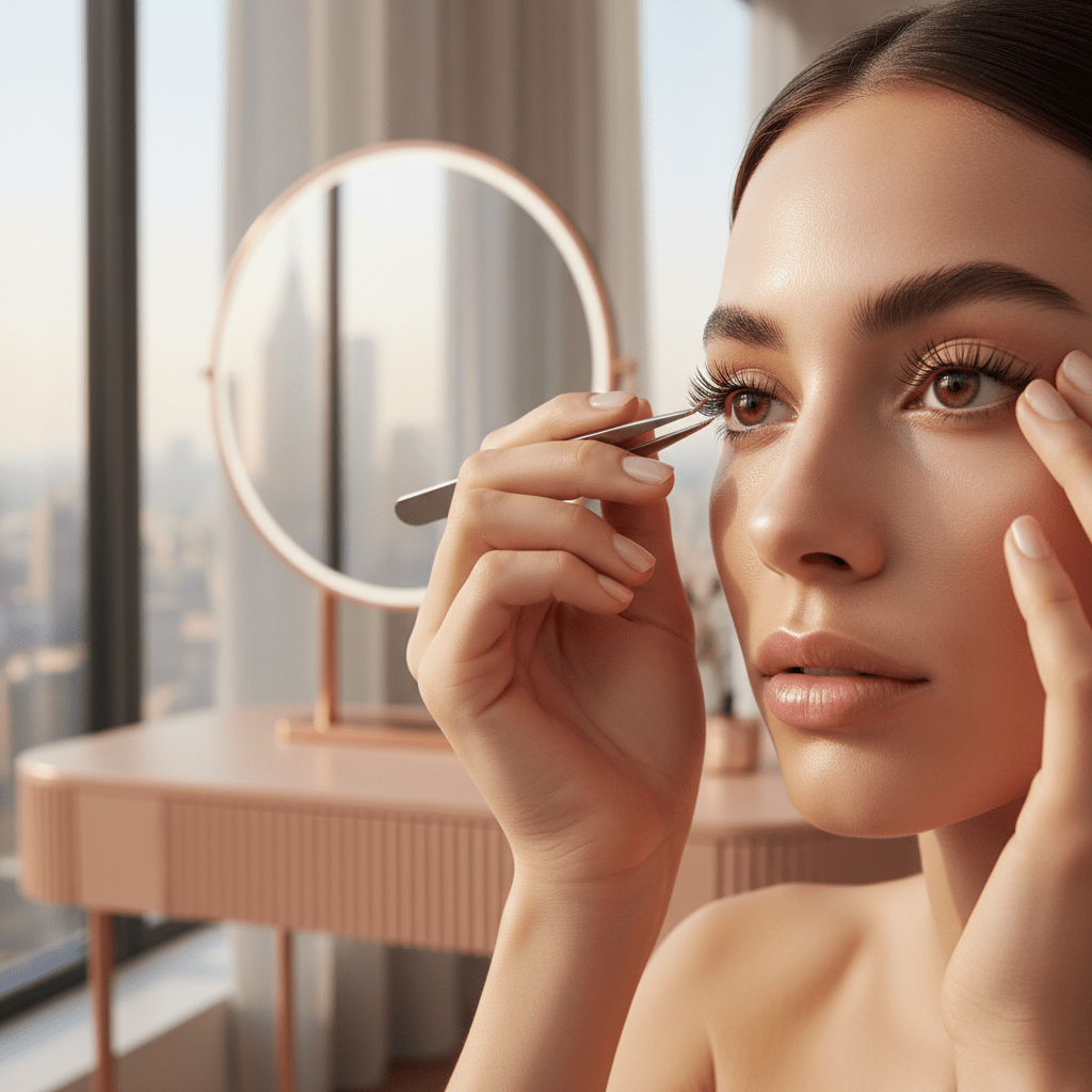 Model applies futuristic doe-eye lash clusters with varying lengths to her eyes.