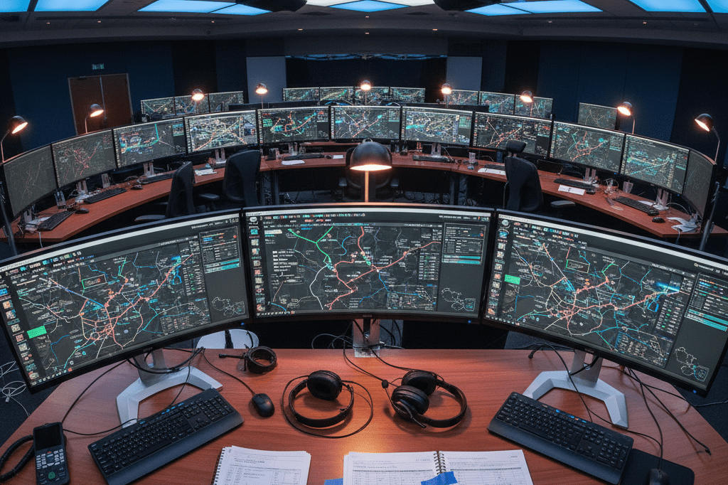 Event control room filled with logistics equipment and real-time tracking displays under warm ambient lighting