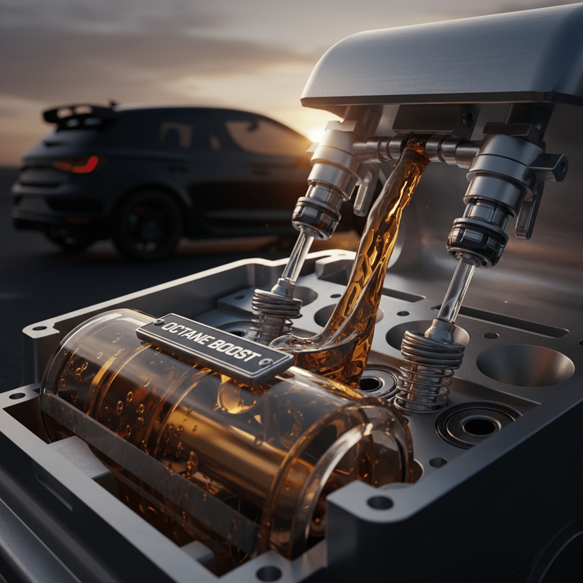 Transparent fuel system shows octane booster fluid flowing through injectors and valves.