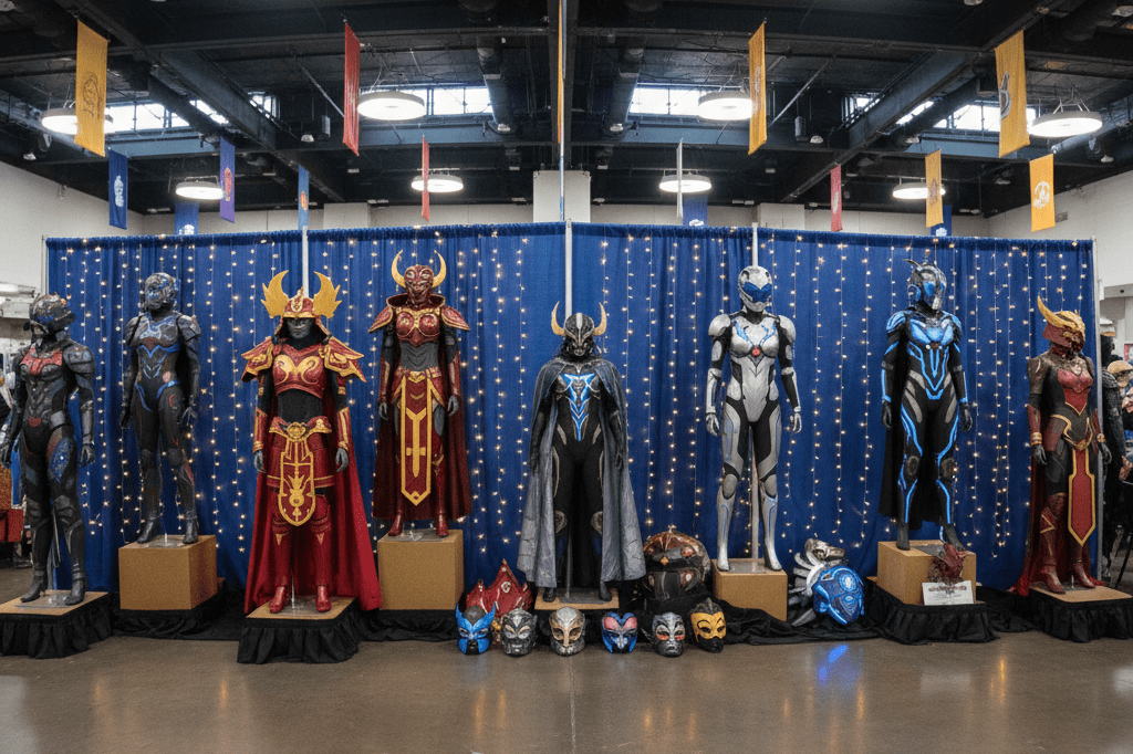 Wide-angle view of diverse fantasy and sci-fi costumes on display under warm ambient lighting, capturing creative variety without recognizable branding