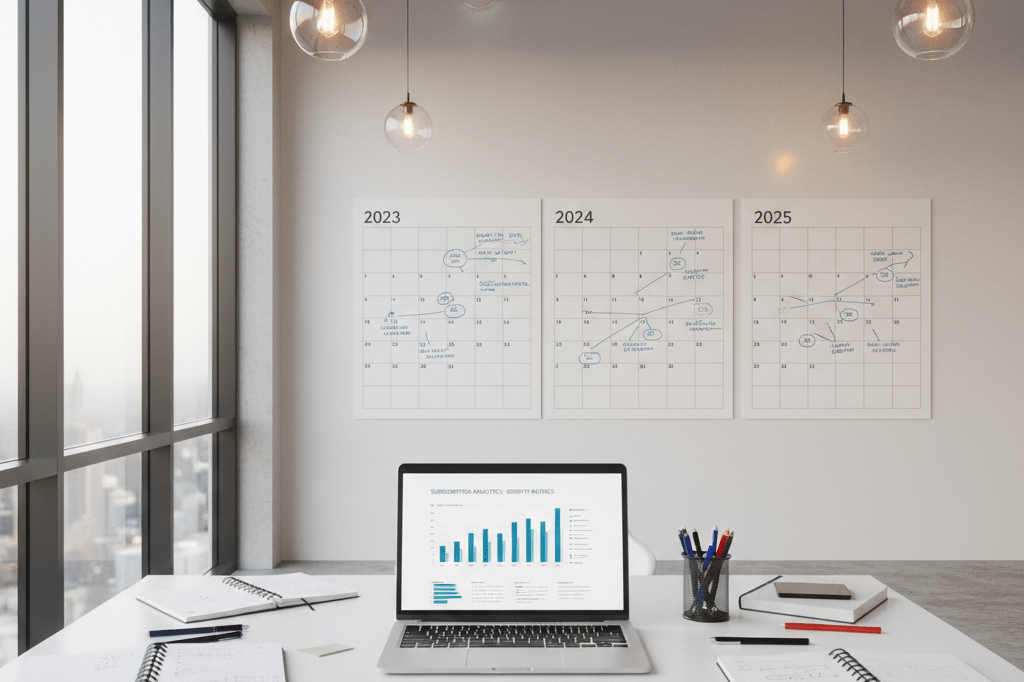 Wide shot of an office desk with laptop showing generic analytics, notebooks, and a milestone-marked calendar under blended natural and artificial light