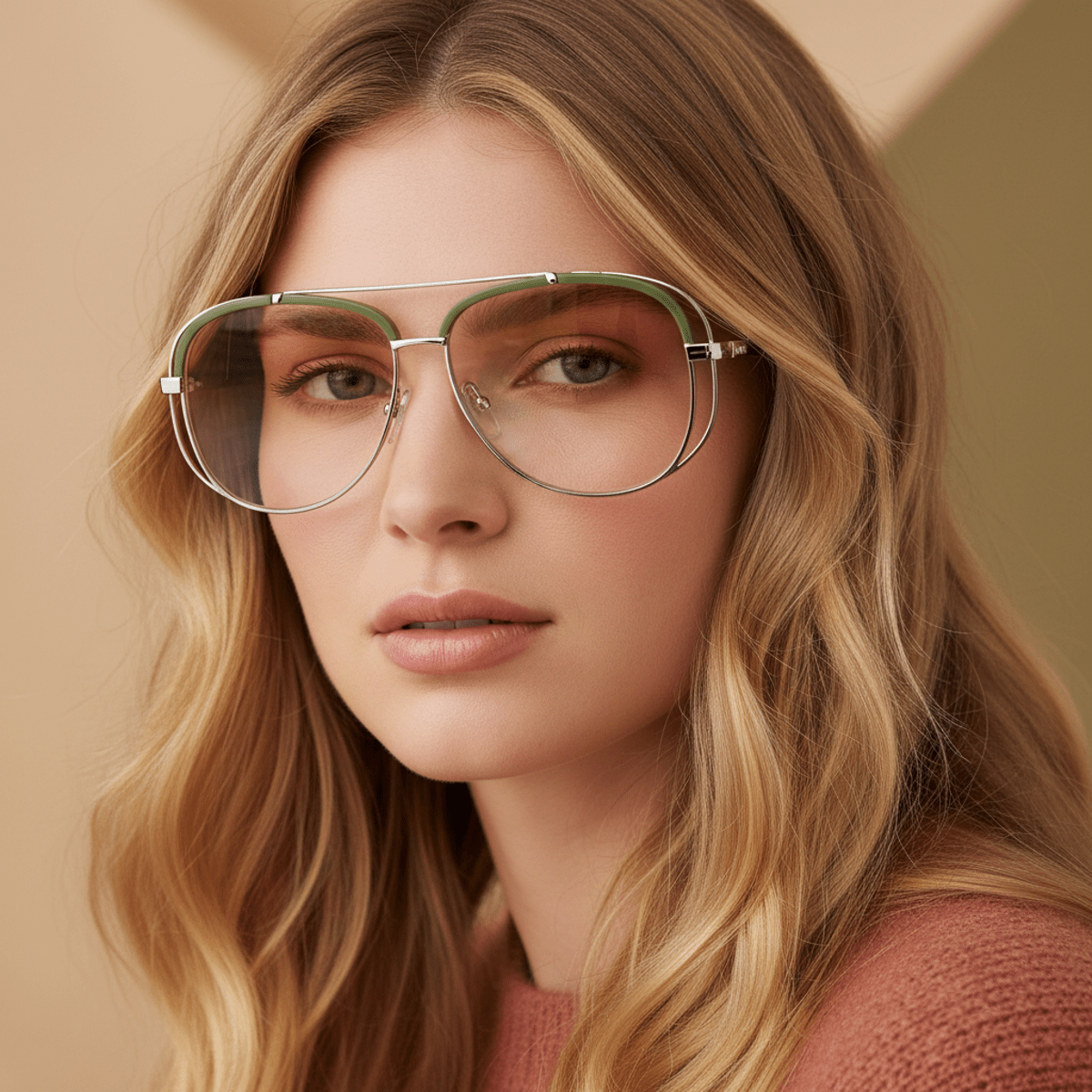 Model wears trendy oversized aviator glasses with amber gradient lenses and bio-acetate frame.