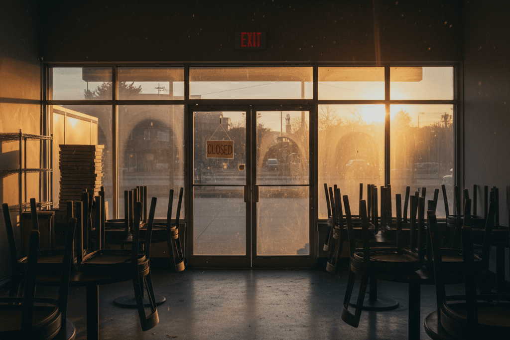 Wide shot of an unoccupied pizza restaurant interior under soft ambient light, symbolizing financial distress and closures within the industry
