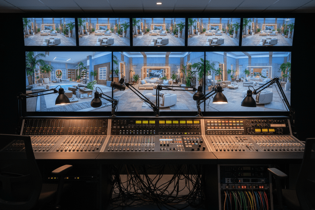 Wide shot of a high-tech TV studio control room with surveillance screens, showcasing advanced production capabilities under ambient lighting.