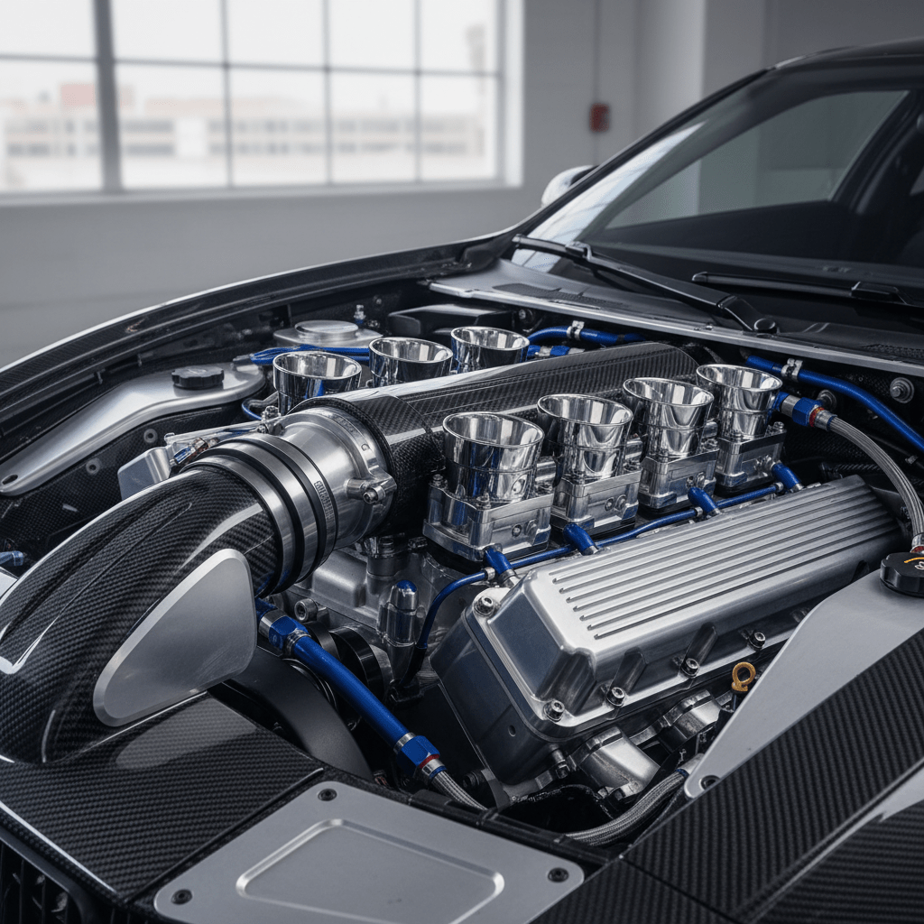 Polished throttle bodies and machined engine components with carbon fiber and aluminum accents.