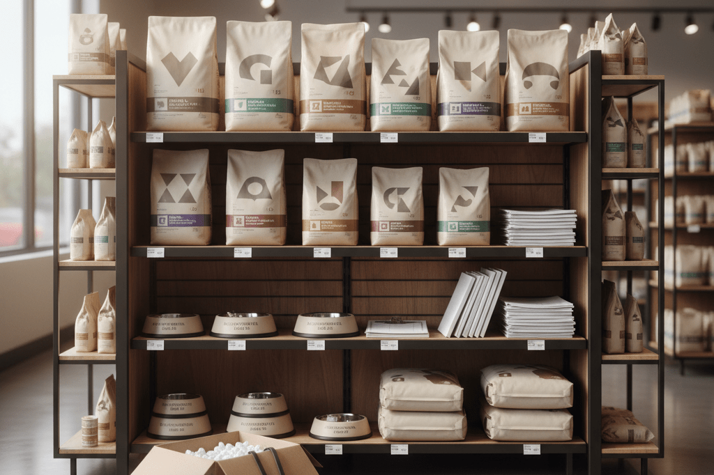 Retail shelf with generic dog products and compliance docs under natural light showing industry transition
