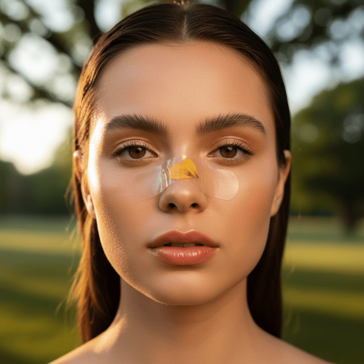 Model with translucent bandaid featuring pressed flower petal in golden hour light.