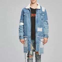 2020 high street fashion men and women denim long coat with fur lining patch work with print